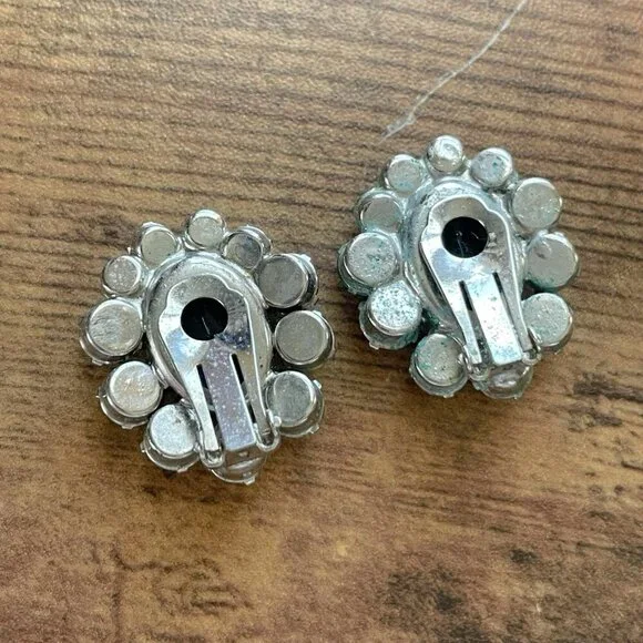 Vintage 1950s Blue Rhinestone Earrings Clip On Bridal Statement Costume Jewelry - Picture 7 of 15